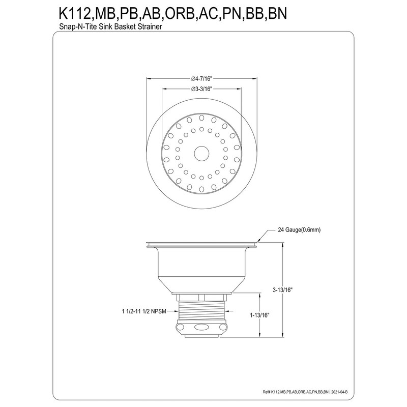 Kingston Brass K112MB Tacoma Kitchen Sink Basket Strainer, Matte Black