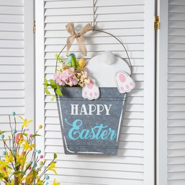 Glitzhome Easter Welcome Door Signs Wooden Easter Bunny Wall Hanging Signs Bucket-Shaped Door Decorations
