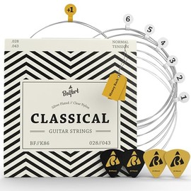 Belfort Cuerdas de Guitarra Clásica Nylon – Cuerdas de Nylon Clásicas Recubiertas en Plata – Juego de 6 Cuerdas de Guitarra + Extra 1E – Cuerdas para 