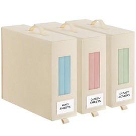 Baesyhom 3 Pcs Bed Sheet Organizers and Storage, Large Size Sheet Set Organizers (Queen & King) Duvet Covers Blanket Storage for Linen Closet with Handle, Zipper, Label and Clear Window, Beige