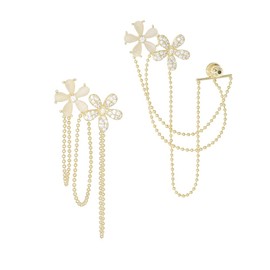 Sonateomber Gold Small Flower Double Piercing Chain Dangle Earrings for Women - Cute Dainty Cubic Zirconia Rhinestone Crystal Stud Long Beaded Chain Drop Dangling - Elegant Spiral Helix Cartilage Jewelry Thanksgiving Gift