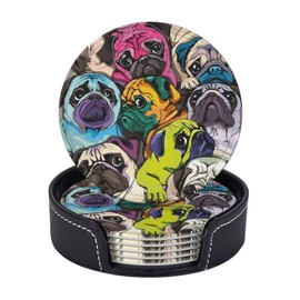 Pug Colorful Fun Dog Coasters for Drinks Round Leather Coaster with Holder Set of 6 for Tabletop Protection Desk Accessories Office Home Room Decor