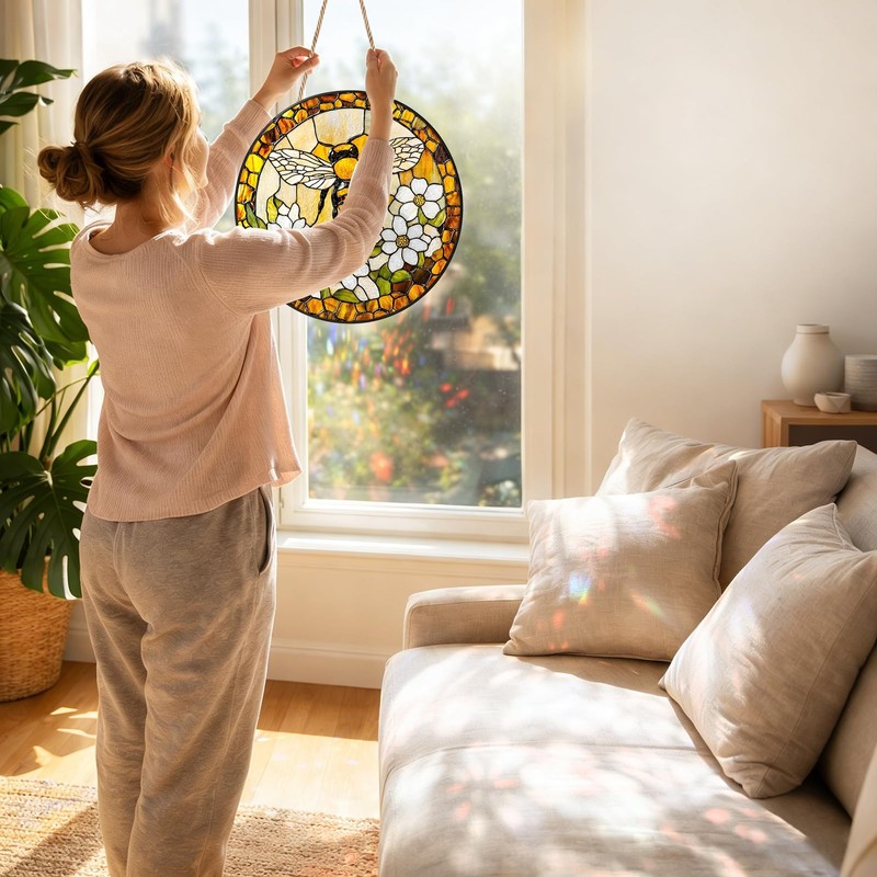 Bee Flower Sun Catchers, Bee Window Hanging Decor 20x20 cm