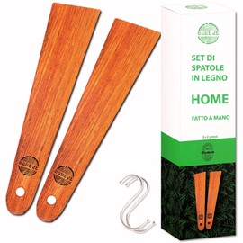 DADI JI -Kitchen Utensils Set Wood Long Handle Kitchen Spatulas 30 cm, Multipurpose Tools for Turning Spreading and Scraping Food, Scratch-Resistant, Ideal for Cast Iron, Spatulas 2 Pieces and 2 Hooks