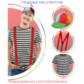 Dreamzfit - Tweedle Dee and Tweedle Dum Costume for Adult ~ Men's Alice in Wonderland Book Week Fancy Dress Set - Stripes T-Shirt Helicopter Hat & Red Braces (S)