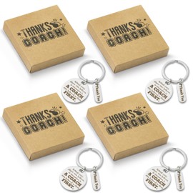WATINC Coach Appreciation Keychain Gift Set, 4Pcs Baseball Sports Match Cheer Keychains Keepsake Present with Thank You Packaging, Inspirational Round Keyring Thanks for Christmas Retirement Gift