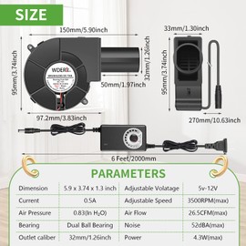 WDERAIR 97mm x 33mm BBQ Blower Fan 12V with 120V – 240V AC Plug Variable Speed Controller Centrifugal for Outdoor Barbecues Fire Bellow, Camping Cooking, Wood Stove, Charcoal Starter