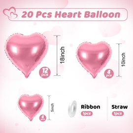 Saxuxu Pink Heart Balloons, 20 Pcs 5/10/18 inch Foil Love Balloons for Valentine's Day Decorations, Wedding, Engagement, Bridal Showers, Anniversary Celebrations