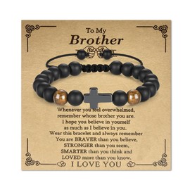 Juicfru Gifts for Boys Men, Brother Bracelet Tiger Eye Bracelet for Brother, Beads Cross Bracelet Present for Birthday Christmas Day Christian Gifts