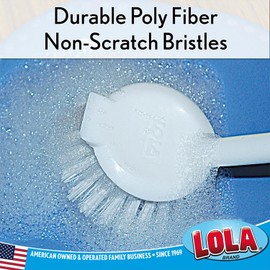 LOLA Products Dish Brush w/Scraper | Durable Poly Fiber Non-Scratch Bristles | Washable & Odor Resistant | Ergonomic Non-Slip Grip Handle | Light Duty Fiber for Baked On & Caked On Messes | 1 Pack