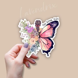 (3pcs) You Grow, Girl Sticker Funny Motivational Sayings Quotes Inspirational Quotes Butterfly Floral Vinyl Decal for Tumbler Laptop Car Water Bottles Books Phone - Size 3x3