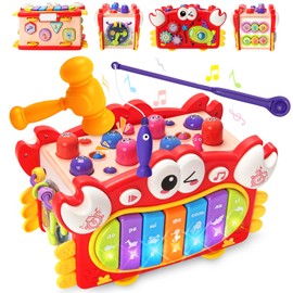 Multifunctional Crab Toys with Music and Light - 6 in 1 Piano Keyboard Drum Fishing Set, Educational Baby Musical Toys with Songs Clock Hammer Game for Boys Girls Birthday Gifts 3 4 5 6 Year Old