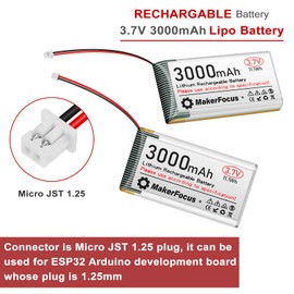 MakerFocus 4pcs 3.7V 3000mAh Lithium Rechargeable Battery 1S 1C Lipo Battery with Protection Board Insulated Rubber Tape and Micro JST 1.25 Plug for Ar duino NodeMCU ESP32 Development Board