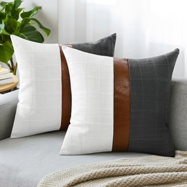 QoBexim Faux Leather Patchwork Plaid Linen Pillow Covers, Gray and White Decorative Throw Pillow Cover 18x18 Inch, Modern Farmhouse Square Accent Cover for Couch Sofa Bed Living Room, Set of 2