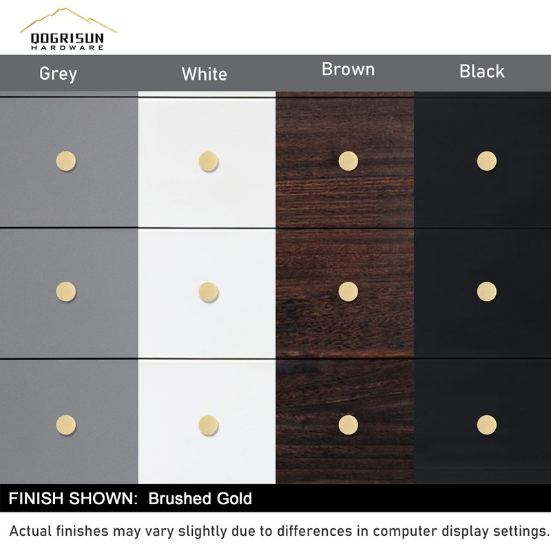 QOGRISUN 5-Pack Solid Brass Cabinet Knobs, 1-Inch Diameter, Round Gold