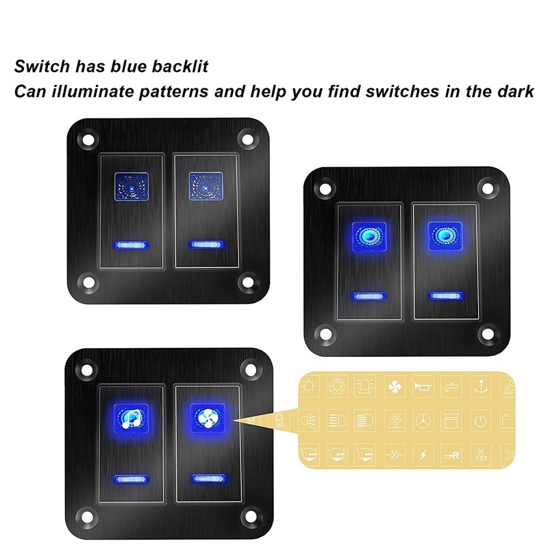 2 Gang Rocker Switch Panel Waterproof ON OFF Blue Backlit