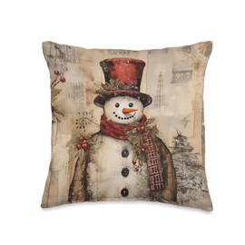 Vintage Snowman Decor For Christmas Lover Cute Xmas Winter Throw Pillow