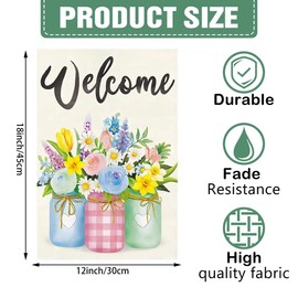 DMERBYL Welcome Spring Floral Garden Flag 12x18 Double Sided Burlap, Small Vertical Spring Summer Mason Jar Vase Flower Garden Yard Flags for Spring Summer Outside Outdoor House Decoration (ONLY FLAG)