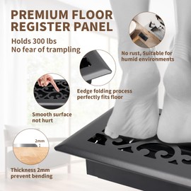 SANYCASA Black Floor Register for 4x12 Inches Holes - Heavy Duty Walkable Steel Floor Registers Adjustable Airflow Floor Vent Covers - Savannah Design - Matte Black - Air Vents Floor to Allow Walk