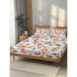 Thanksgiving Fitted Sheet for Full Size Bed Decor,Autumn Watercolor White Pumpkin Soft Deep Pocket Bedding Set with Pillow Cases,Bottom Sheet Fit 5-16inch Deep,Fall Maple Leaves on Burlap Cotton