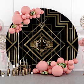 Renaiss 6.5x6.5ft Gatsby Theme Round Backdrop Cover Retro Roaring 20s 20's Circle Photography Background Gold and Black Back to 1920s Vintage Carnival Prom Birthday Party Decor Arch Photo Booth Props