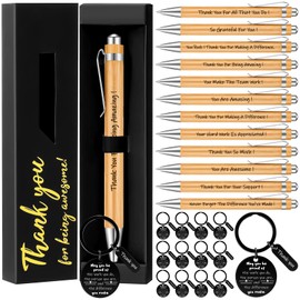 Sayglossy 12 Sets Thank You Gift Bulk Wood Bamboo Pens with Motivational Quote Pen Boxes Employee Appreciation Keychains Inspirational Gifts for Christmas Office Coworkers Teams