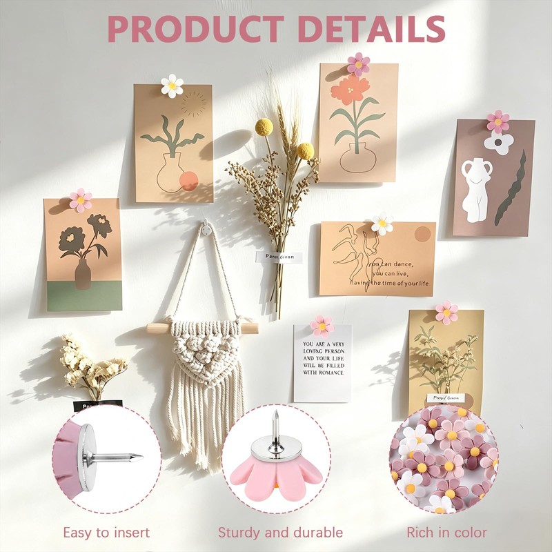 30 Pieces Flower Push Pins, Pink Thumb Tacks Decorative Floret