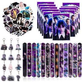 Wednesday Party Bag Children's Birthday Set Snap Bracelet Children's Set Party Gift Bag Birthday Wednesday Stickers, Children's Keyring for Boys and Girls, Party Favours (A), Pack of 84