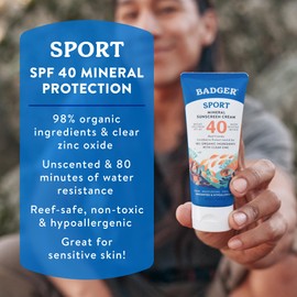 Badger Sport Mineral Sunscreen, Reef Safe, SPF 40, 98% Organic with Zinc Oxide, Water Resistant, Hawaii Reef Act 104 Compliant, Unscented & Hypoallergenic, For Sports & Adventures, 2.9 fl oz