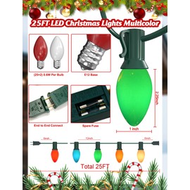Oviejo LED Christmas Lights Outdoor,25FT Multicolor C7 Christmas Lights Indoor with 27 0.6w Bulb Fit E12 Base,Xmas Light Outdoor for House, Yard, Garden, Christmas Tree Decoration, Green Wire