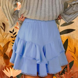 GOOBGS Flowy Shorts for Women High Waisted Lace Skort Trim Trendy Crochet Skirt Tennis Short Sky Blue Large