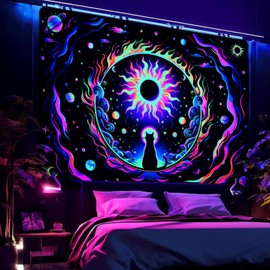 Uspring Blacklight Cat Tapestry UV Reactive Space Tapestries Moon and Star Psychedelic Tapestry Neon Solar Eclipse Wall Tapestry for Bedroom Livingroom Home Decor (59.1 x 82.7 inches)