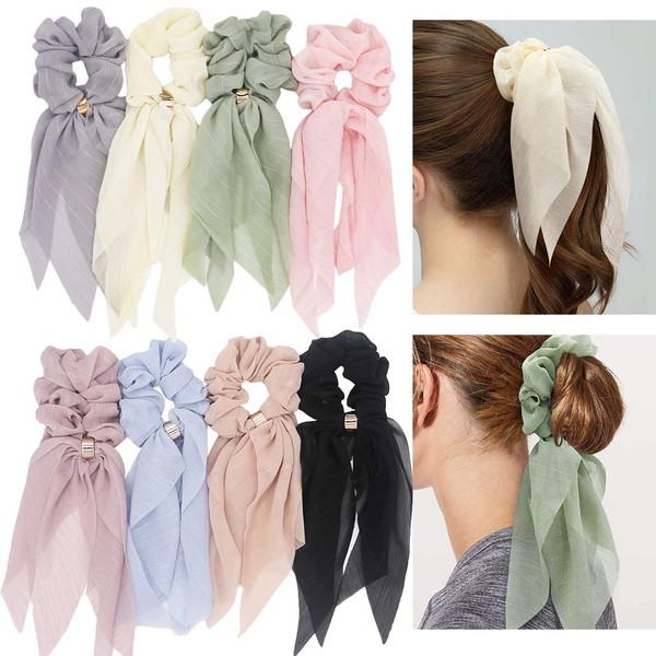 Elegant Scarf Hair Ties for Women Girls, 8 Pcs Double Layer Bow Scrunchies for Hair Cute Bunny Ear Bow Scrunchies with Assorted Colors (8 Pcs Double Layer Scrunchies-A)