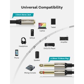 VIOY 3.5 mm to Dual 1/4 Inch Audio Splitter Cable (3 ft/1m), Gold Plated 1/8" TRS Female to Dual Quarter Inch 6.35 mm TS Mono Male Plug Braided Stereo Breakout Cable