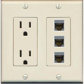 RiteAV 3 Port Cat6A Ethernet Wall Plate - Outlet [Light-Almond]