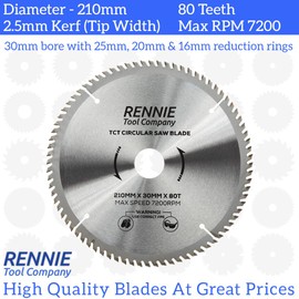 Rennie Tools - 210mm x 30mm x 80T TCT Circular Wood Saw Blade Includes 25mm 20mm & 16mm Bore Reduction Rings. Compatible with Festool Bosch Makita Dewalt Circular Saw Etc, Fits 216mm Circular saws.