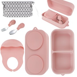 Travel Silicone Baby Feeding Set with 316 Stainless Steel Spoon & Fork,Silicone Suction Plates, Foldable Bib, Storage Bag - Portable Infant Toddler Utensils, 6-Piece BPA-Free Dishware Kit（pink）