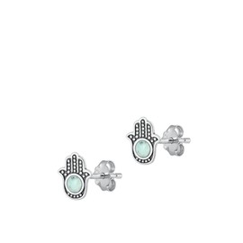 Sterling Silver Classic Simulated Larimar Hamsa High Polished Fashion Earrings .925 New