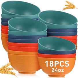 Geosar 18 Pcs Unbreakable Cereal Bowls 24 Oz Microwave and Dishwasher Safe Wheat Straw Fiber Lightweight Bowl Soup Bowls Kitchen Bowls for Serving Salad Dishes Oatmeal(Yellow, Orange, Green, Blue)