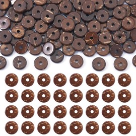 Crafans 100Pcs Natural Coconut Beads 8 mm Flat Round Brown Coconut Crafts Beads Strands Undyed Ornaments Bulk for DIY Bracelet Necklace Jewelry Making