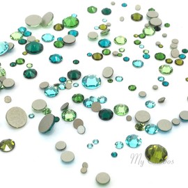 144 pcs Green Teal Colors Mixed Austrian Elements Crystal 2058 Xilion 2088 Xirius Sizes ss5 ss7 ss9 ss12 ss16 ss20 ss30 Flatbacks 2mm 3mm 4mm 5mm 6mm No Hotfix Round Rhinestones Nail Arts gems Resin