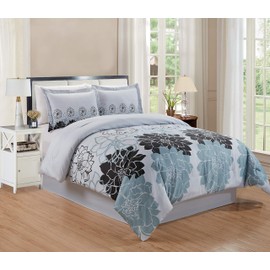 4-Piece King Size Fine Printed Comforter Set Reversible Down Alternative Bedding (Black, White, Grey Floral)