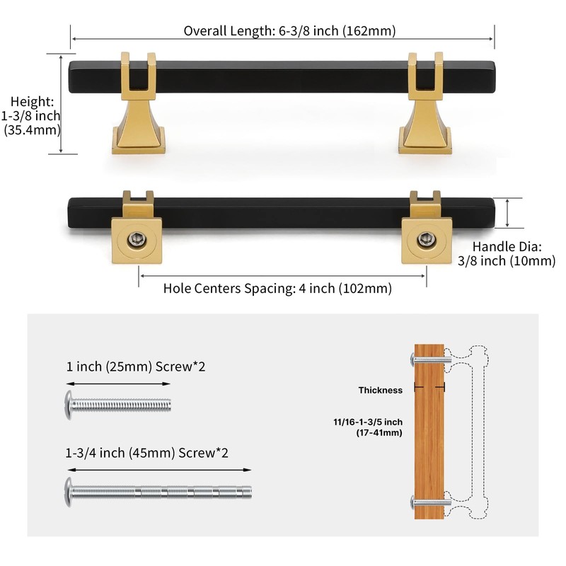 Lepatape 5 Pack 4 Inch Black and Gold Cabinet Pulls