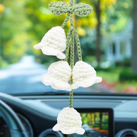 MEAJOO Car Mirror Hanging Accessories, Rear View Mirror Accessories Hanging Decor, Cute Bellflower Hand Knitted Car Pendant Suitable for Key Chains, Backpacks, as Gifts for Women(1 PCS, White)