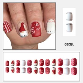 24Pcs Christmas Fake Nails Short Square Petite Press on Nails Winter Santa Claus Acrylic Nails Full Cover False Nails with Hanging String Candy Designs Gloss Artificial Nails Stick on Nails for Women