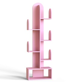 DOZILY Cactus Tree Bookshelf, 5-Tier Wood 50" Tall Storage Rack for CDs/Movies/Books, Small Space-Saving Organizer Shelves for Living Room, Bedroom, Home Office (Shell Pink)