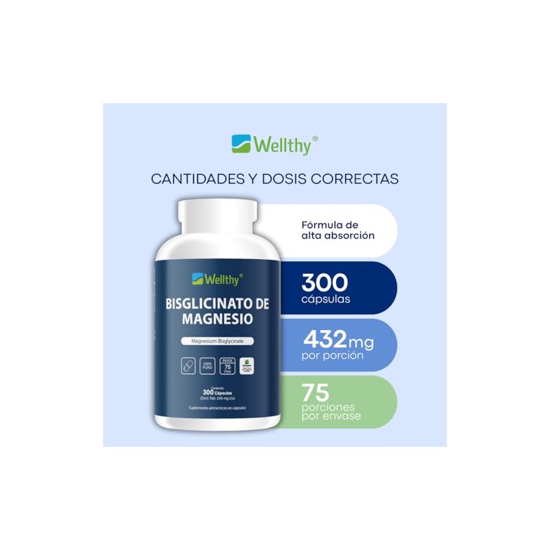 Wellthy Bisglicinato Magnesio 300 Cápsulas 432mg 100 Natural Alta Absorción