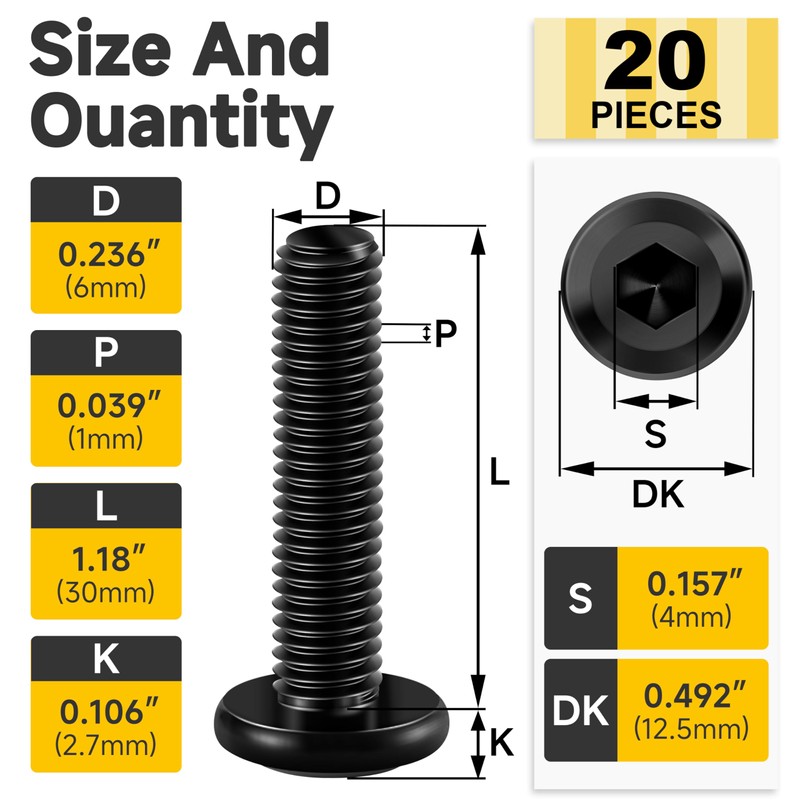 Mywish M6 x 30mm 20Pcs Flat Head Hex Socket Cap