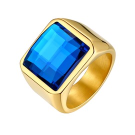 Bestyle Thick Men Gold Ring-15mm*15mm Blue Topaz Sapphire Gemstone Ring-Chunky Cool 18K Gold Plated Men Signet Ring Stacking Thick Band Ring- Retro Biker Every Day Casual Ring, Size 9