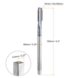 sourcing map M12x1.75x160mm Metric Thread Tap 6542 Cobalt High-Speed Steel TiCN Coated Plug Tap Right Hand Straight Flutes Screw Threading Hand Tap